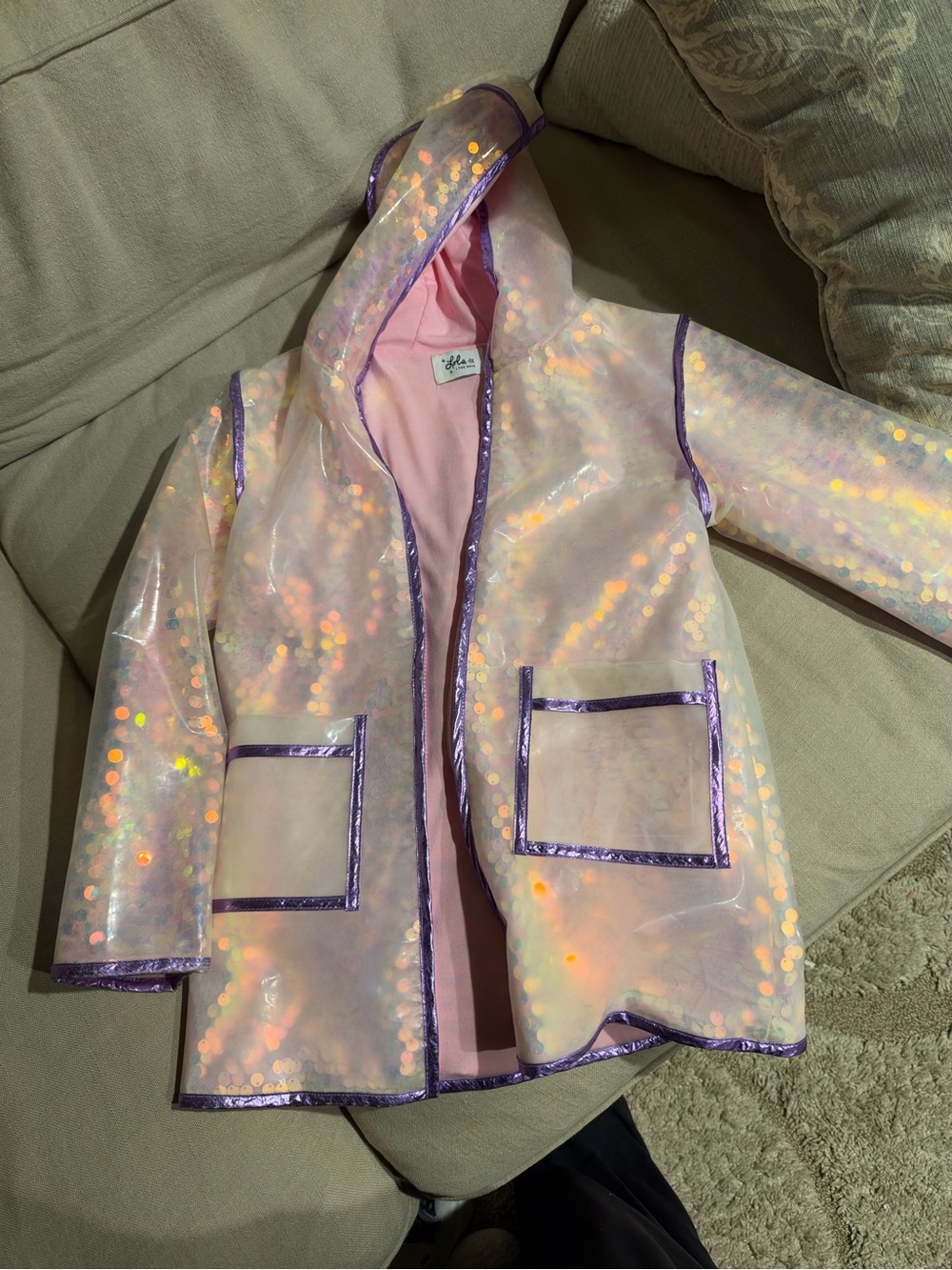 Lola and the Boys sequin Kids Iridescent Pink Hooded Raincoat with Purple Trim